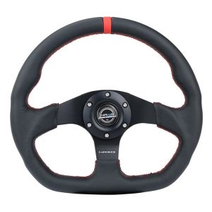 NRG INNOVATION #RST-024MB-R-RD Steering Wheel 320mm Flt Bottom Blk Leather w/Red